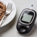 Assiette de pates complètes avec fourchette et glycemie mesurée