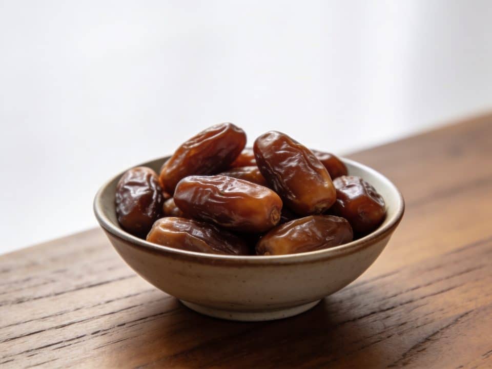 Bol de dattes brunes sur table en bois