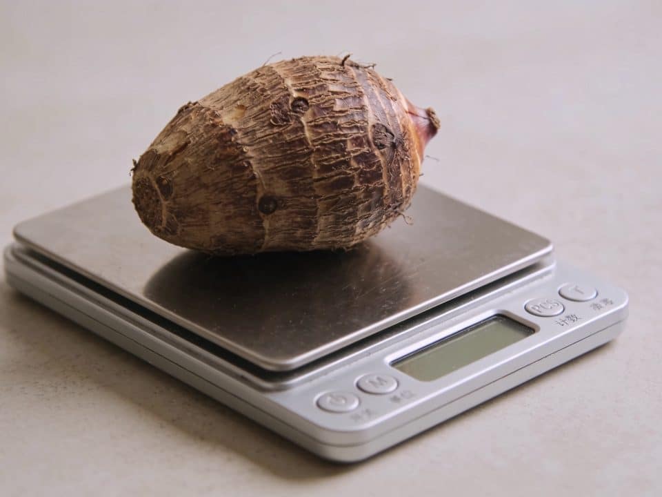 Bol de taro cuit pese sur balance