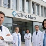 façade de clinique du Mans avec plusieurs medecins en blouses blanches