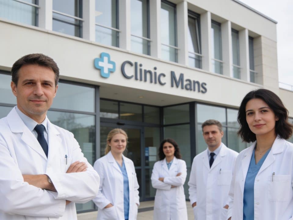 façade de clinique du Mans avec plusieurs medecins en blouses blanches
