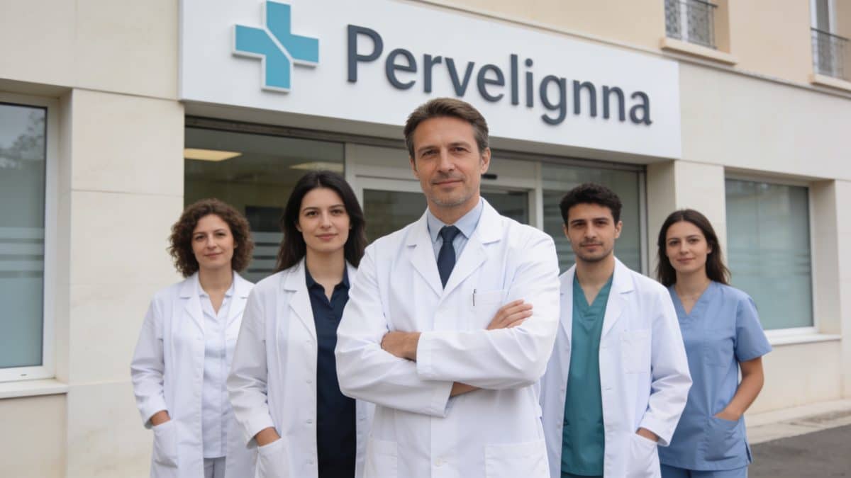 façade de clinique a Perpignan avec plusieurs medecins devant