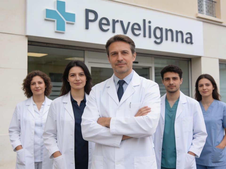 façade de clinique a Perpignan avec plusieurs medecins devant