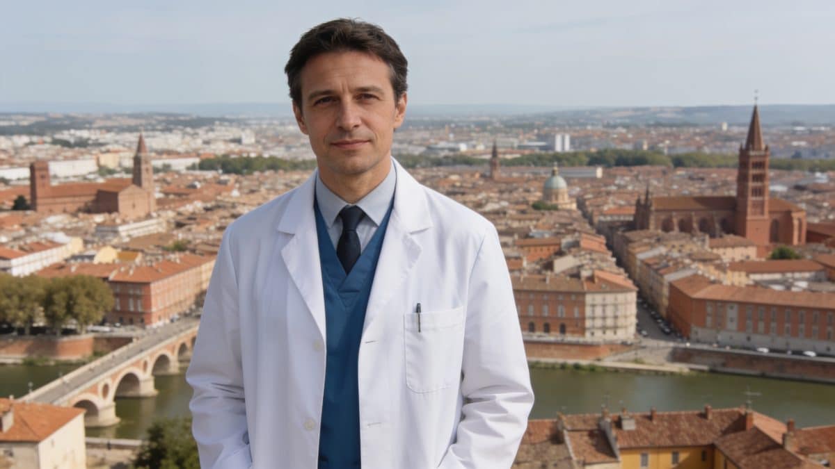 medecin debout devant plan de Toulouse vue aerienne