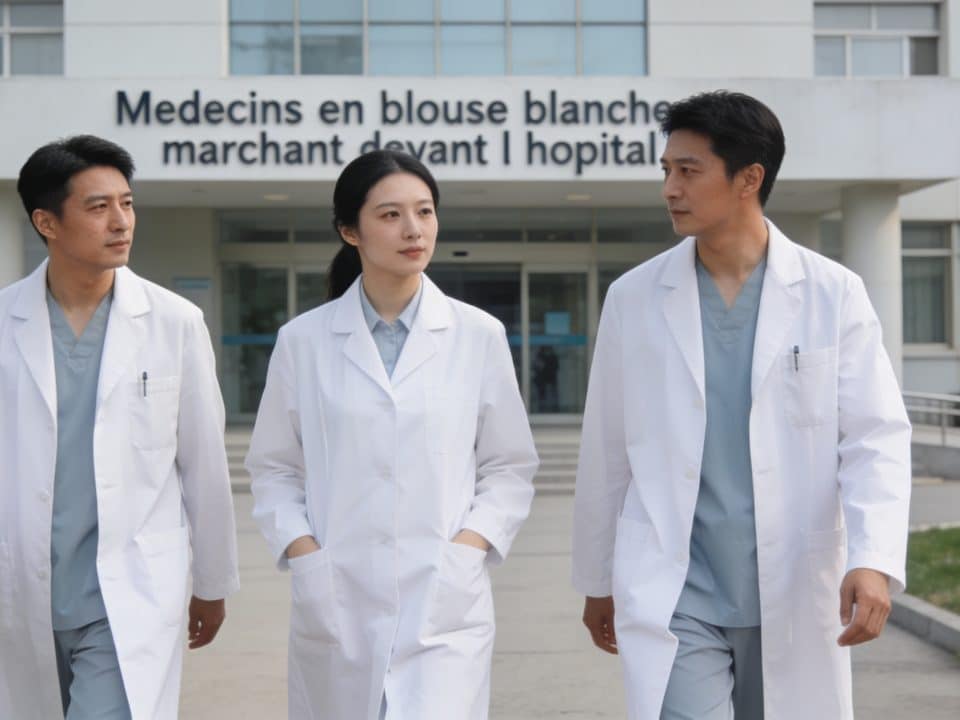 medecins en blouse blanche marchant devant l hopital