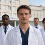 rangée de medecins debout devant hopital marseillais