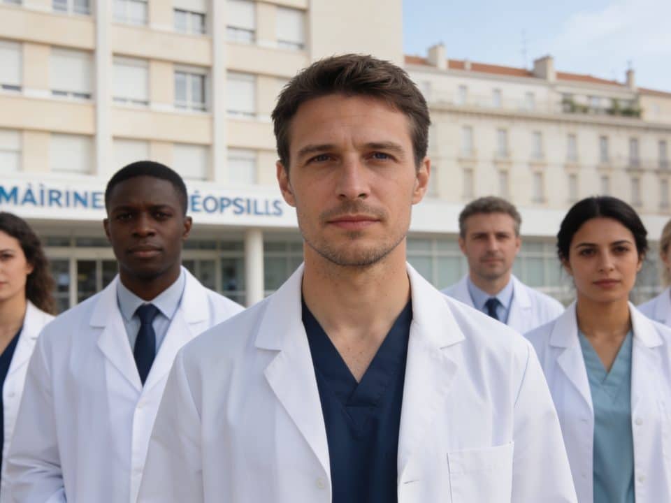 rangée de medecins debout devant hopital marseillais