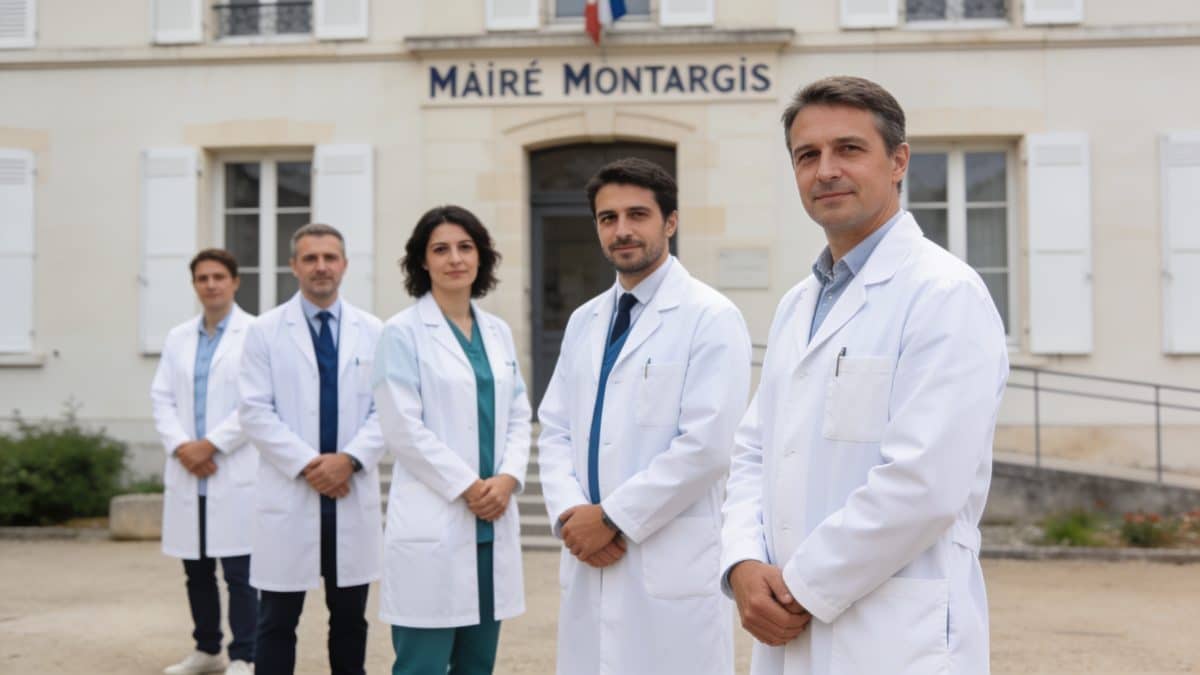 rangée de medecins debout devant mairie Montargis