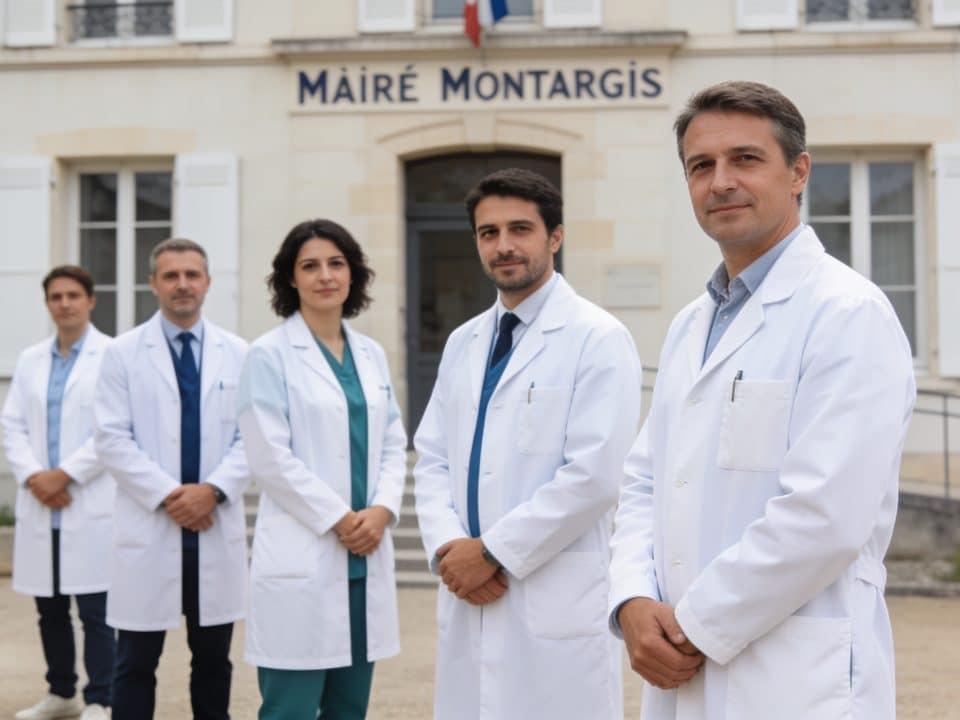 rangée de medecins debout devant mairie Montargis