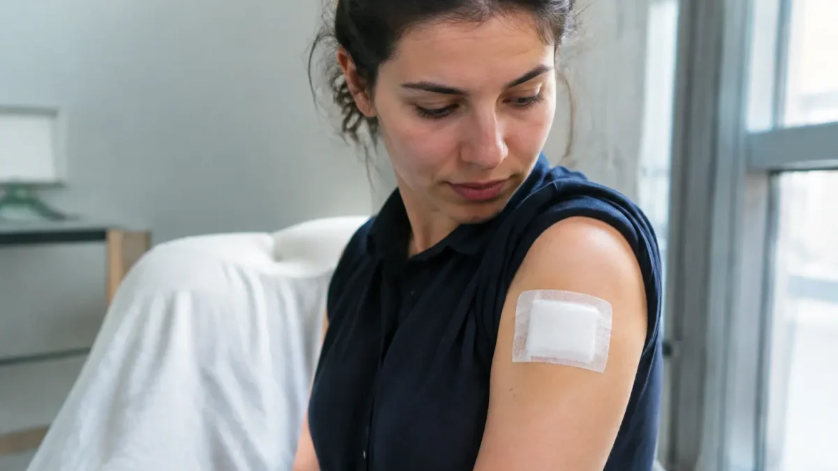 Patient assis, pansement blanc sur le haut du bras