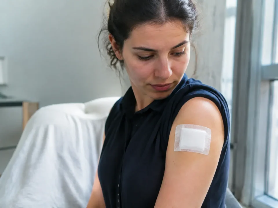 Patient assis, pansement blanc sur le haut du bras