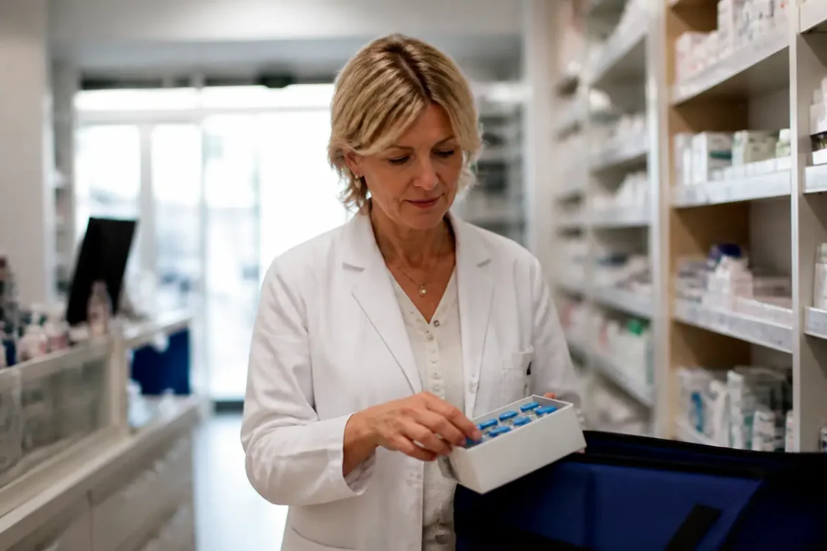 Pharmacienne en blouse blanche tenant une boite de vaccins
