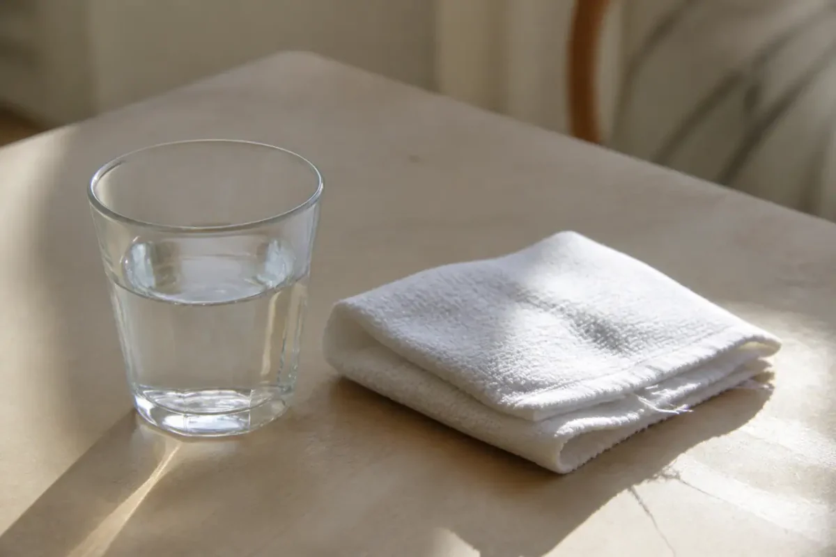 Verre d'eau et compresse fraiche sur une table claire